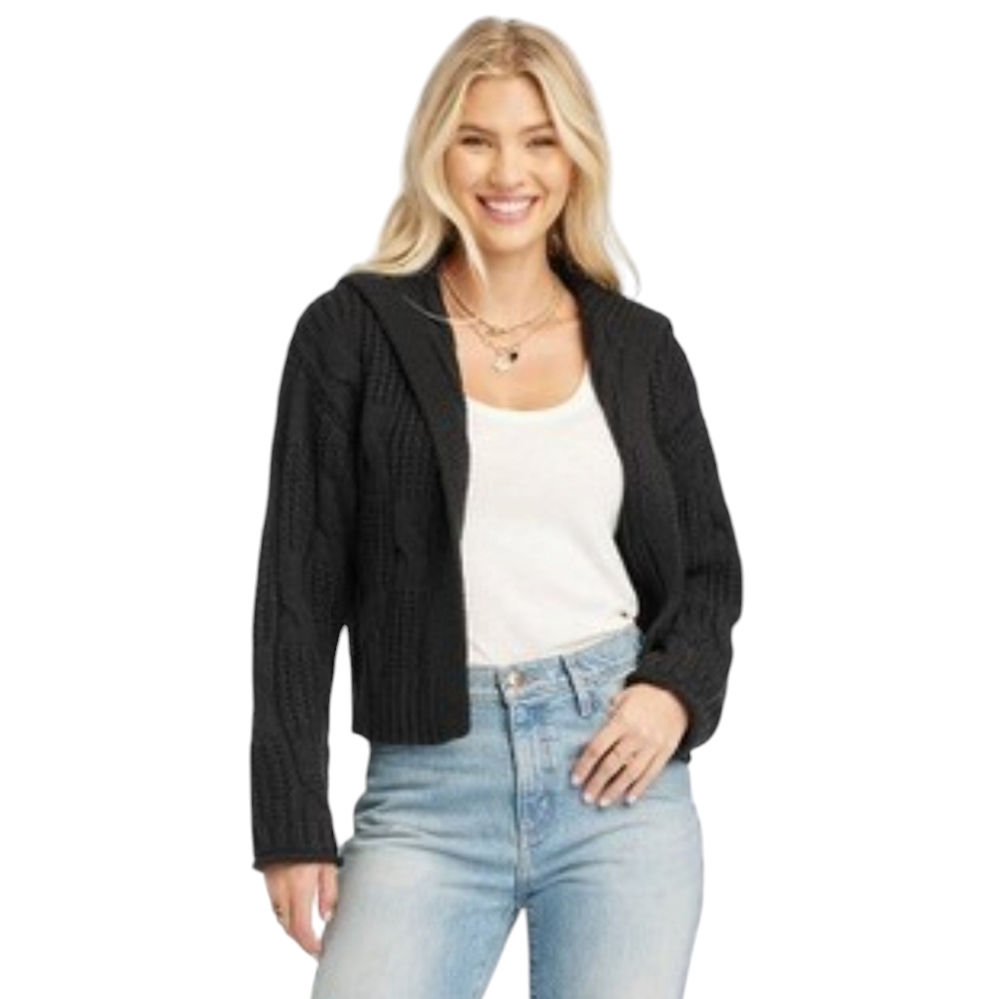 Universal Thread Black Chunky Cable Knit Drop Shoulder Open Crop Cardigan small